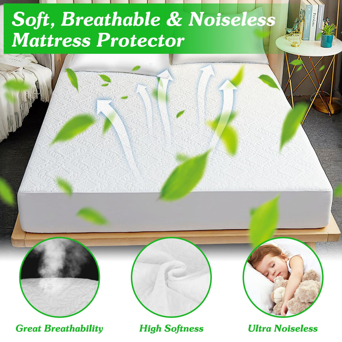 Queen Size Waterproof Mattress Protector Breathable Soft Cotton Mattress Pad Cover With Elastic Deep Pocket Up To 11in Noiseless Machine Washable Bedd