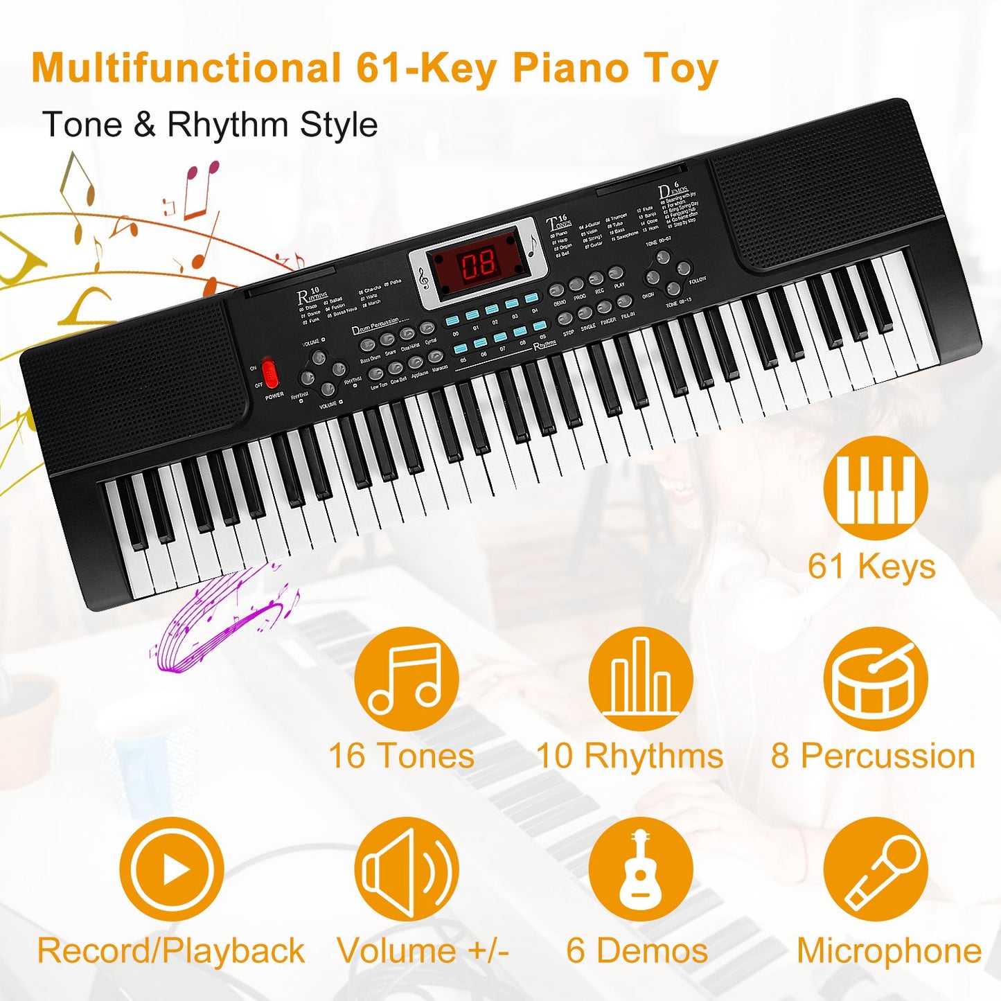 61-Key Digital Keyboard with Stand & Microphone for Kids