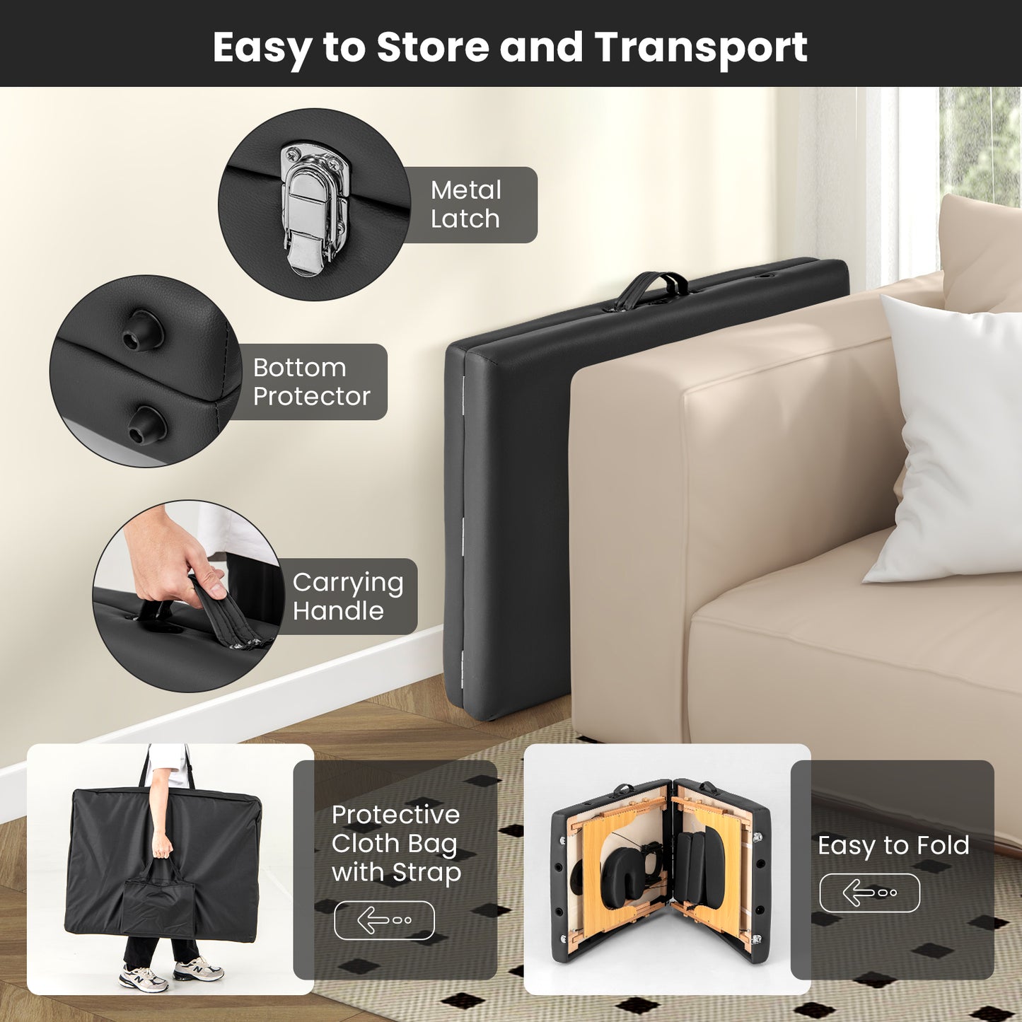 84 Inch Foldable Massage Table with Carrying Bag and Height Adjustable-Black