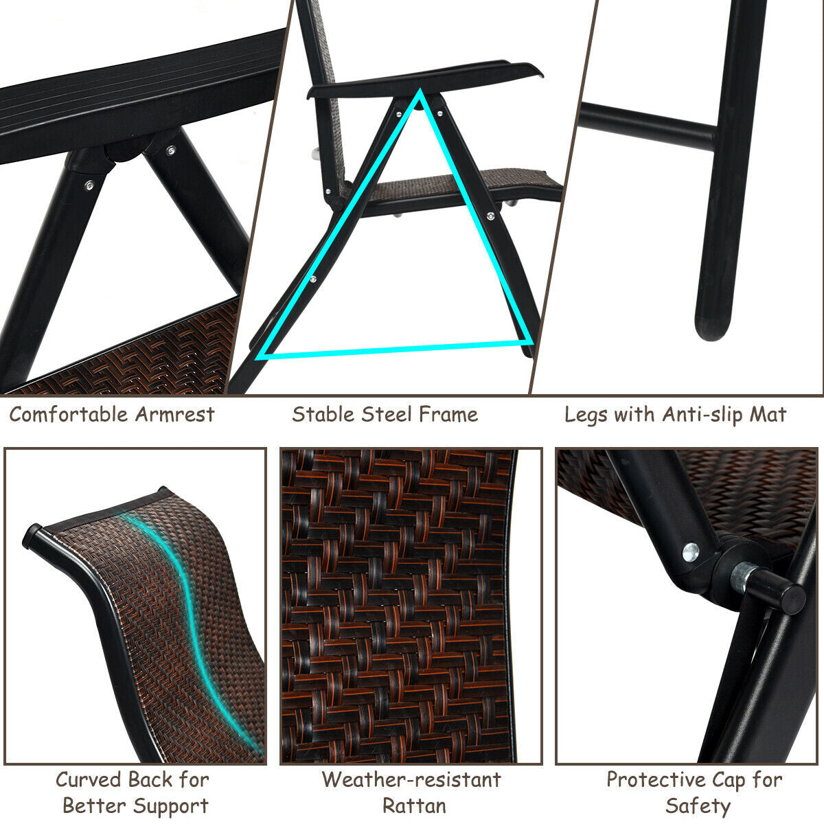 Folding Rattan Patio Chair with Adjustable Backrest