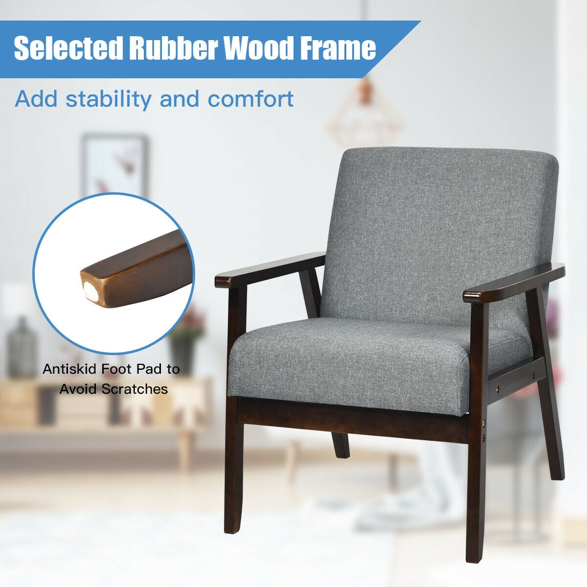 Rubber Wood Accent Armchair with Linen Upholstery