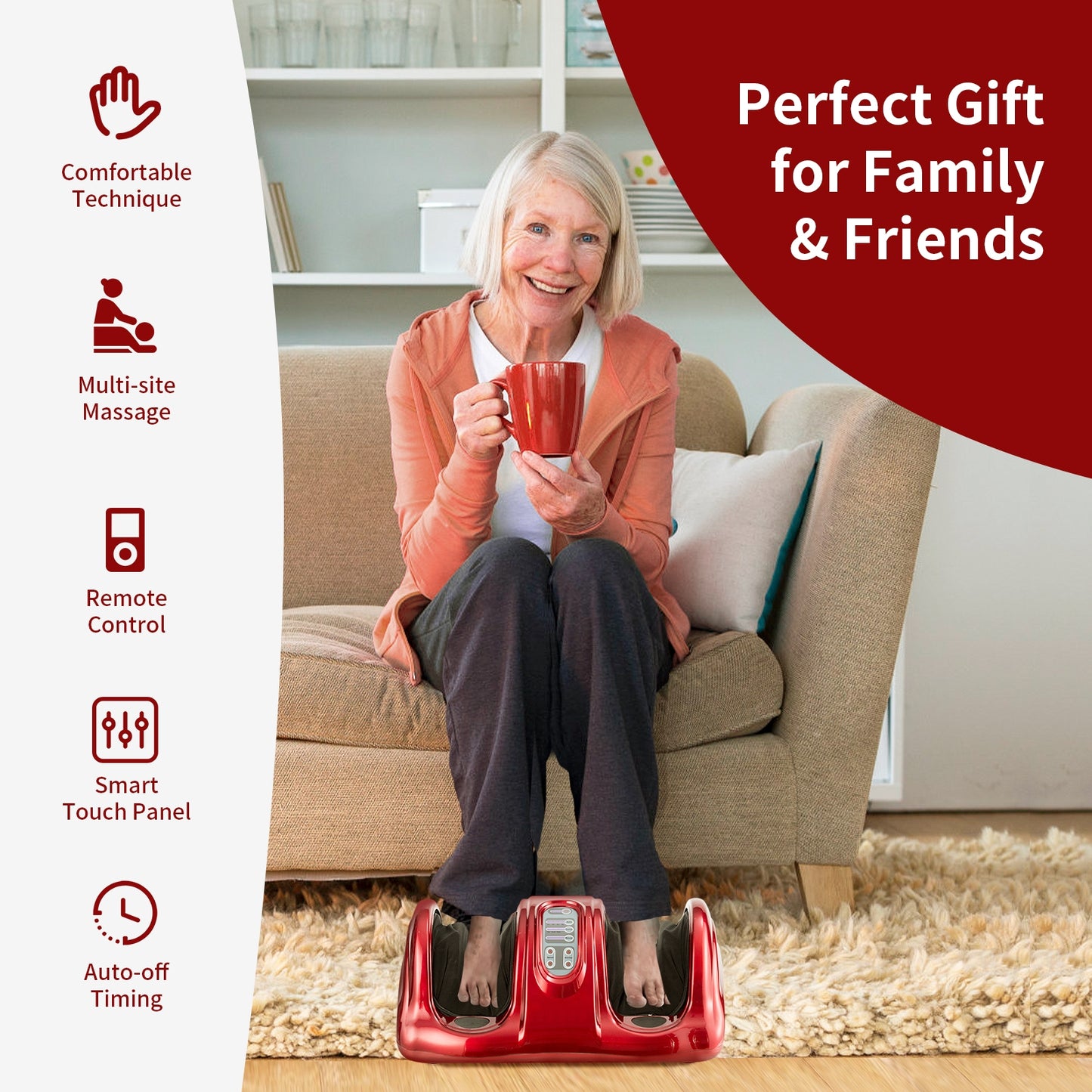 Therapeutic Shiatsu Foot Massager with High Intensity Rollers-Red