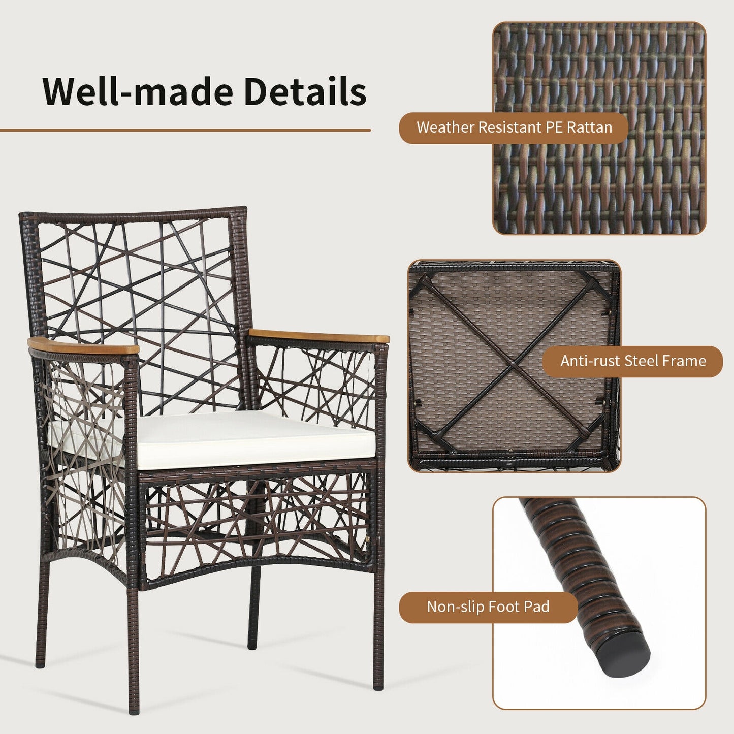 Patio Dining Chairs Set of 2 with Cushions & Wood Armrests