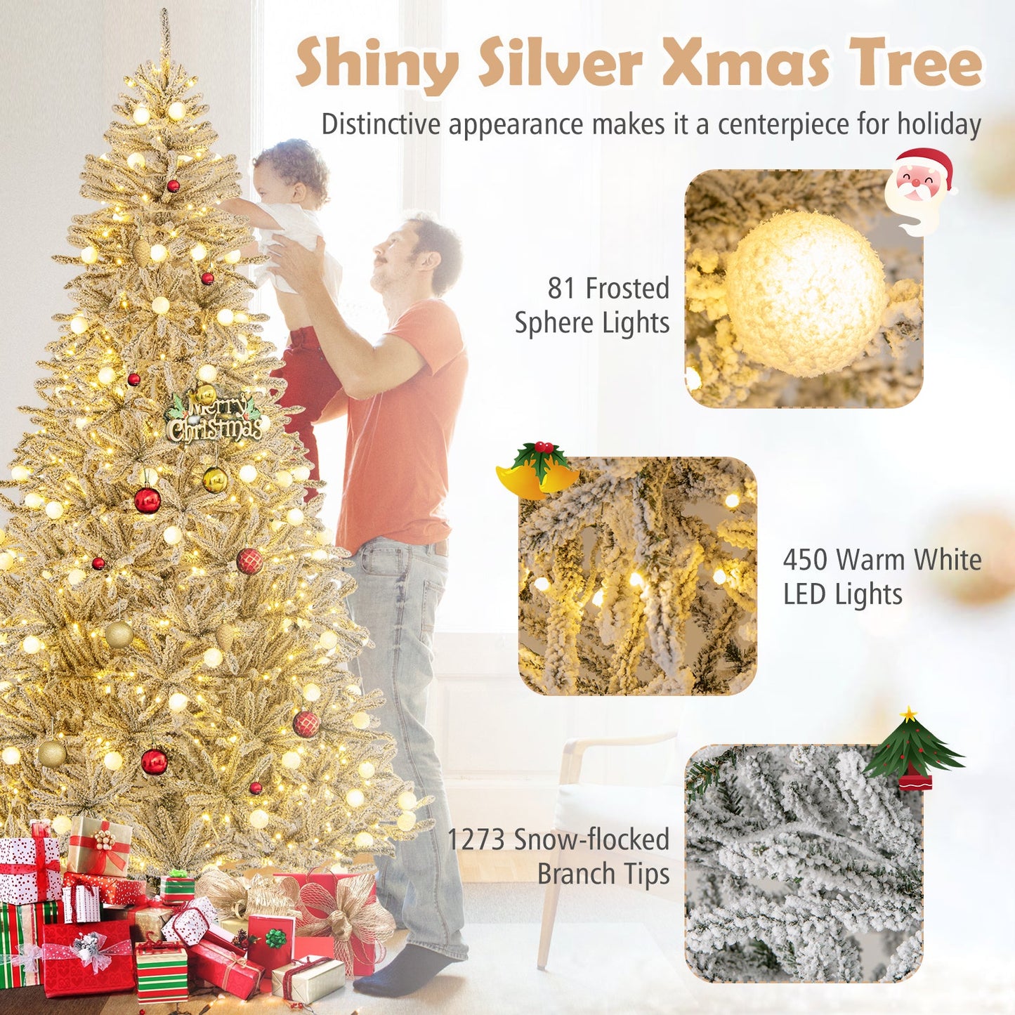 6 Feet Snow-flocked Artificial Christmas Tree Pre-lit Hinged with 81 Sphere Lights and Remote