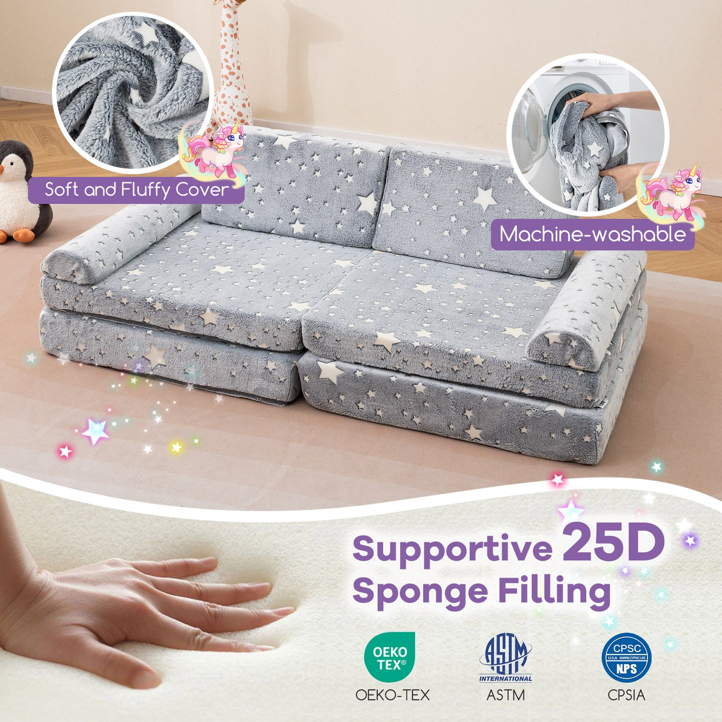 Modular Kids Play Couch 8-Piece Glow-in-the-Dark Sectional
