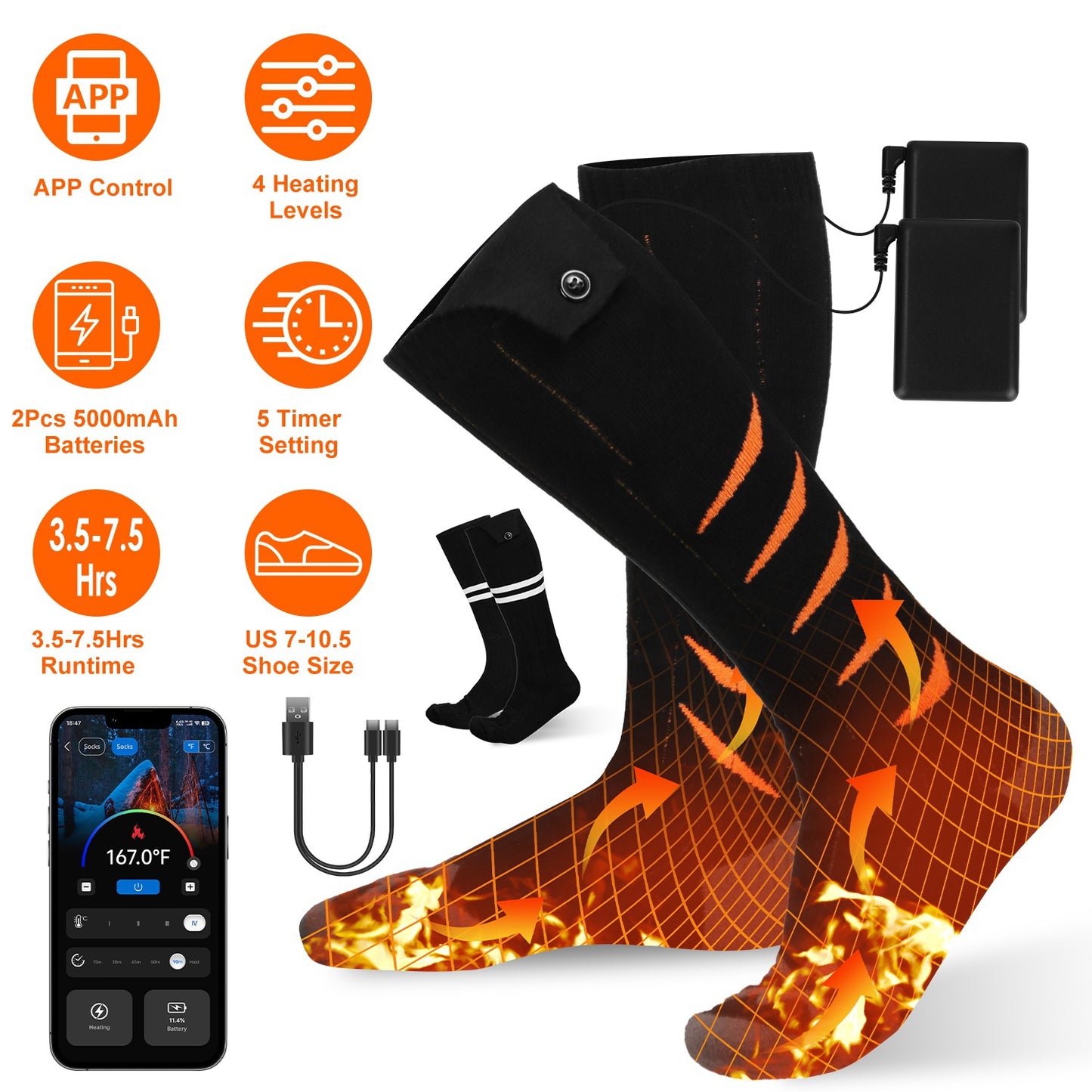 Heated Socks for Men Women Electric Heating Socks with APP Control 5000mAh Battery Rechargeable Thermal Socks Winter Warm Socks for Skiing Hiking Camp