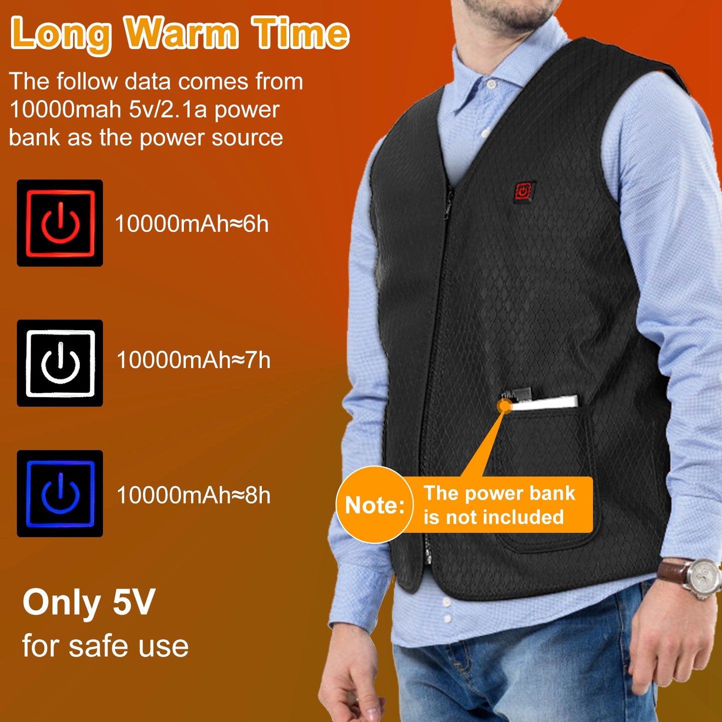 USB Heated Vest with 5 Heating Zones - 3 Temperature Settings