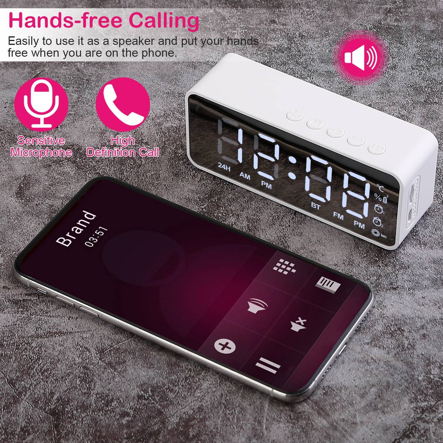 Mirror Digital Alarm Clock with Bluetooth Speaker & FM Radio