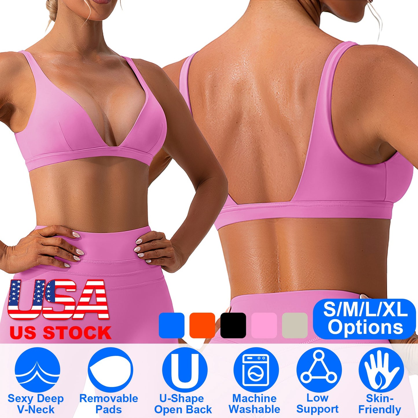 Women Deep V-Neck Sports Bras U-Shaped Back Sport Bras Padded Strappy Crop Open Back Low Impact Bras Sexy Fitness Tank Tops with Removable Pads for Gy