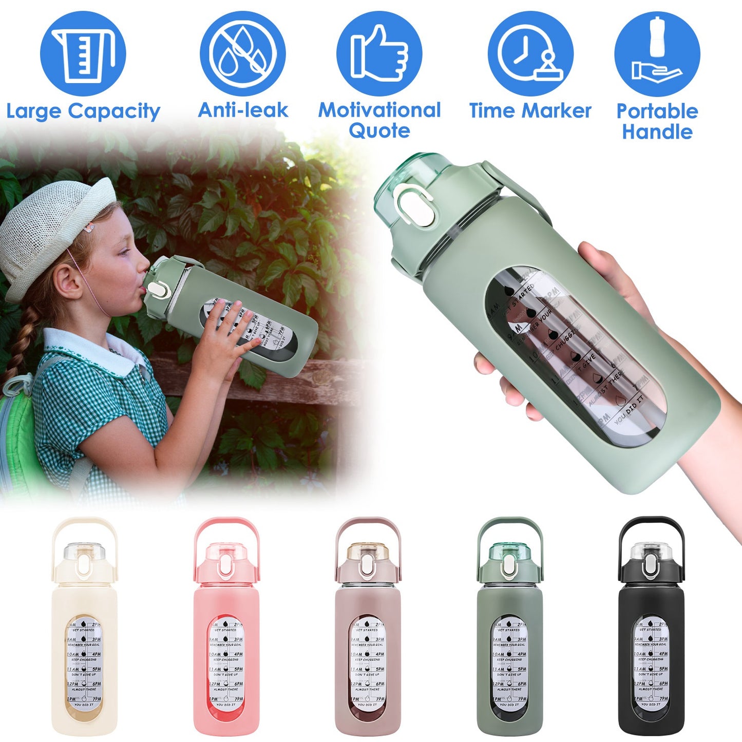 Glass Water Bottle with Time Marker & Straw - 32oz Motivational