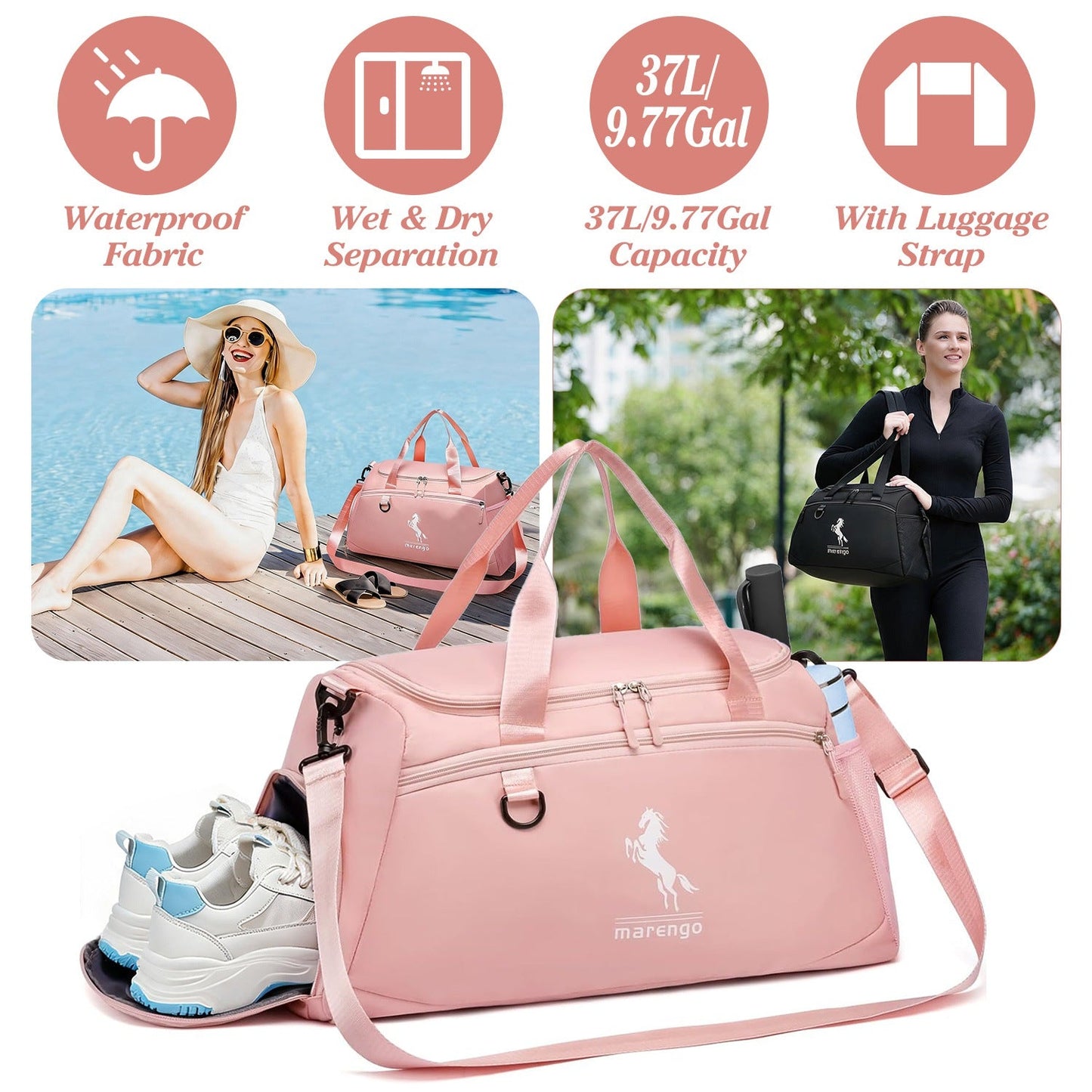 Gym Duffle Bag with Shoe Compartment & Wet Pocket 37L