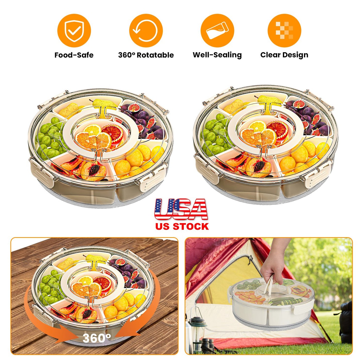 Divided Serving Tray with Lid - 6 Compartments, Rotatable