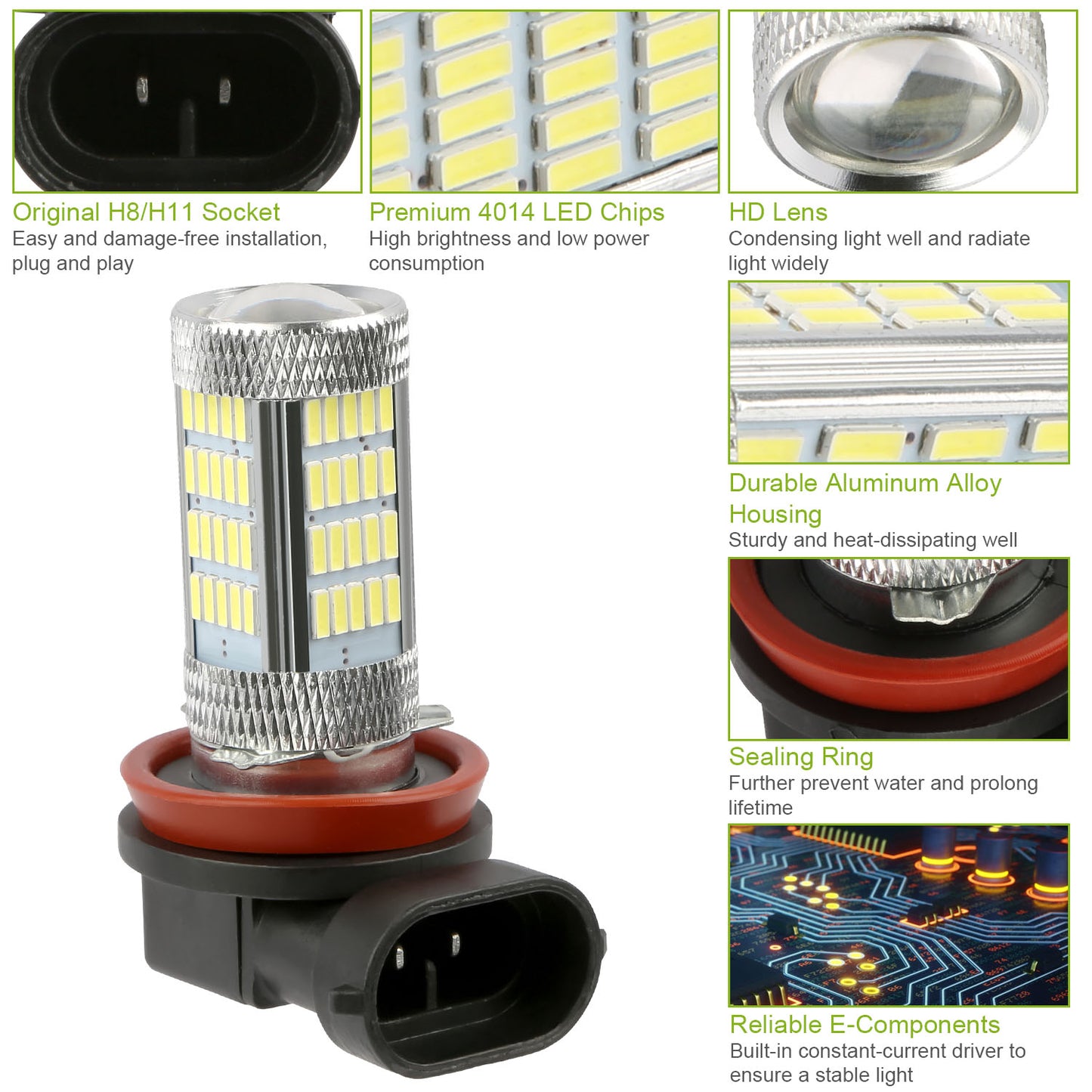 H8/H9/H11 LED Fog Light Bulbs 800lm 6000K White 2-Pack