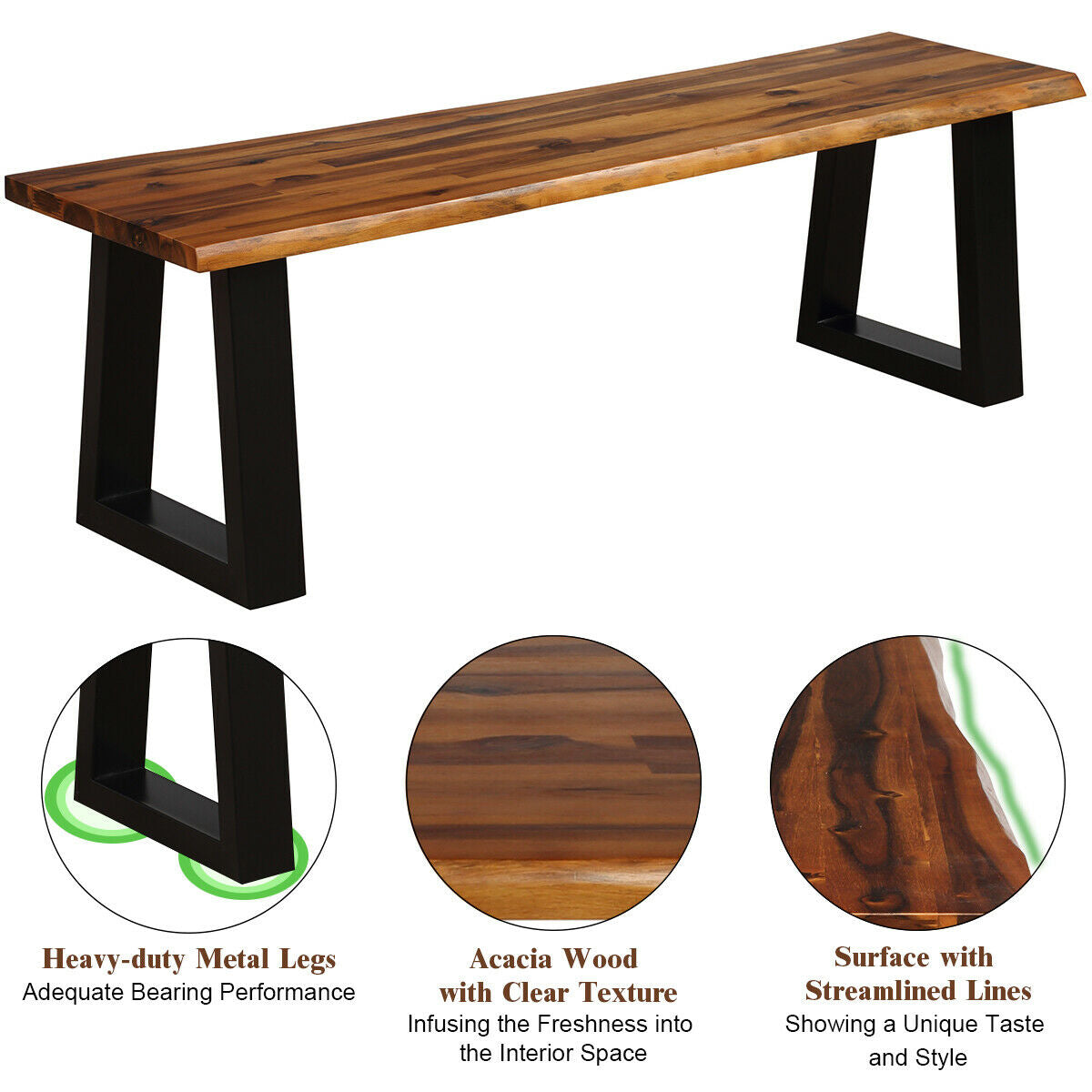 Acacia Wood Patio Bench with Metal Legs - 57.5 Inch