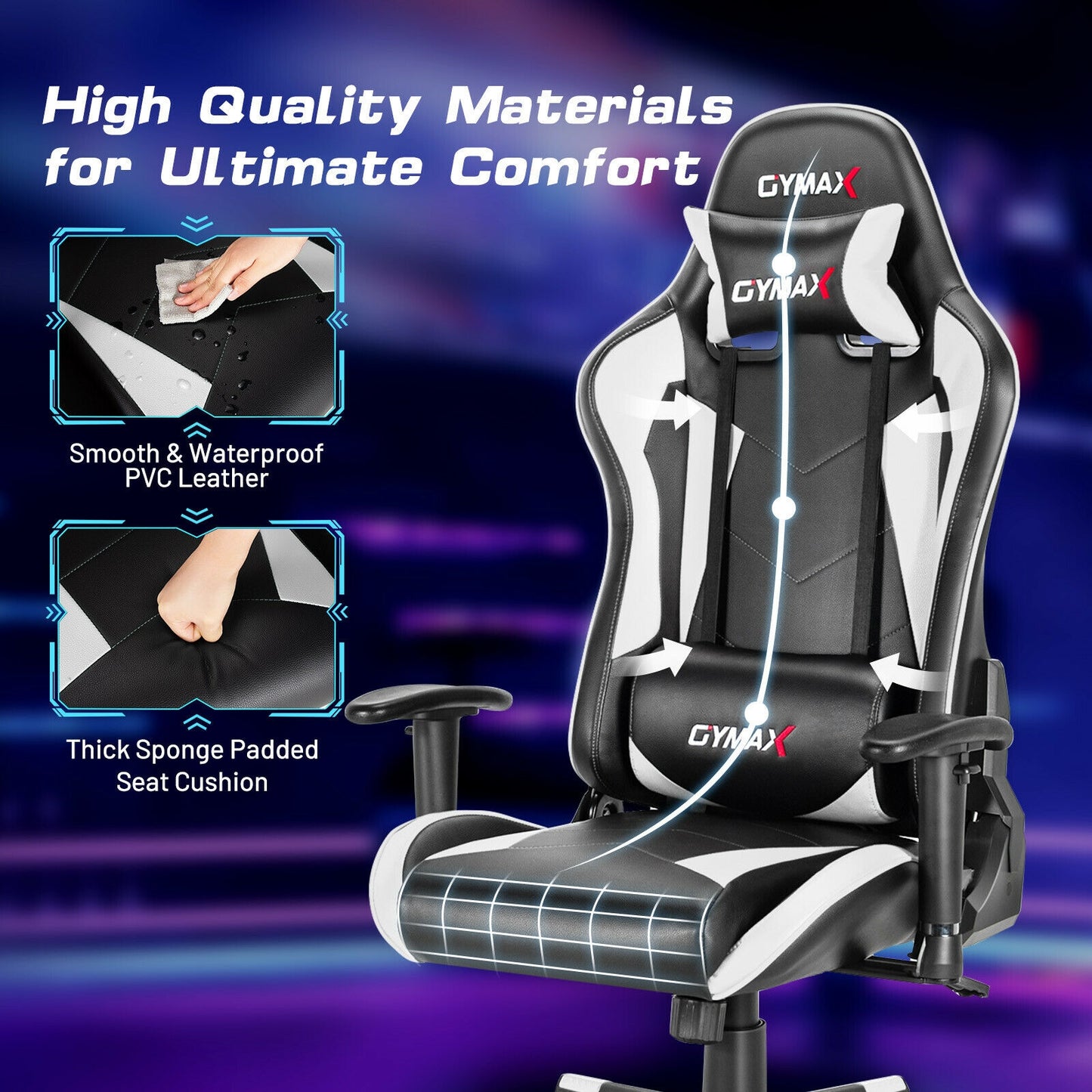 Gaming Chair Adjustable Swivel Racing Style with Lumbar Support