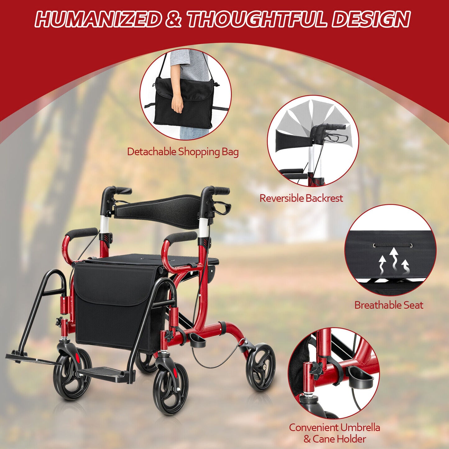 Folding Rollator Walker with 8-inch Wheels and Seat-Red