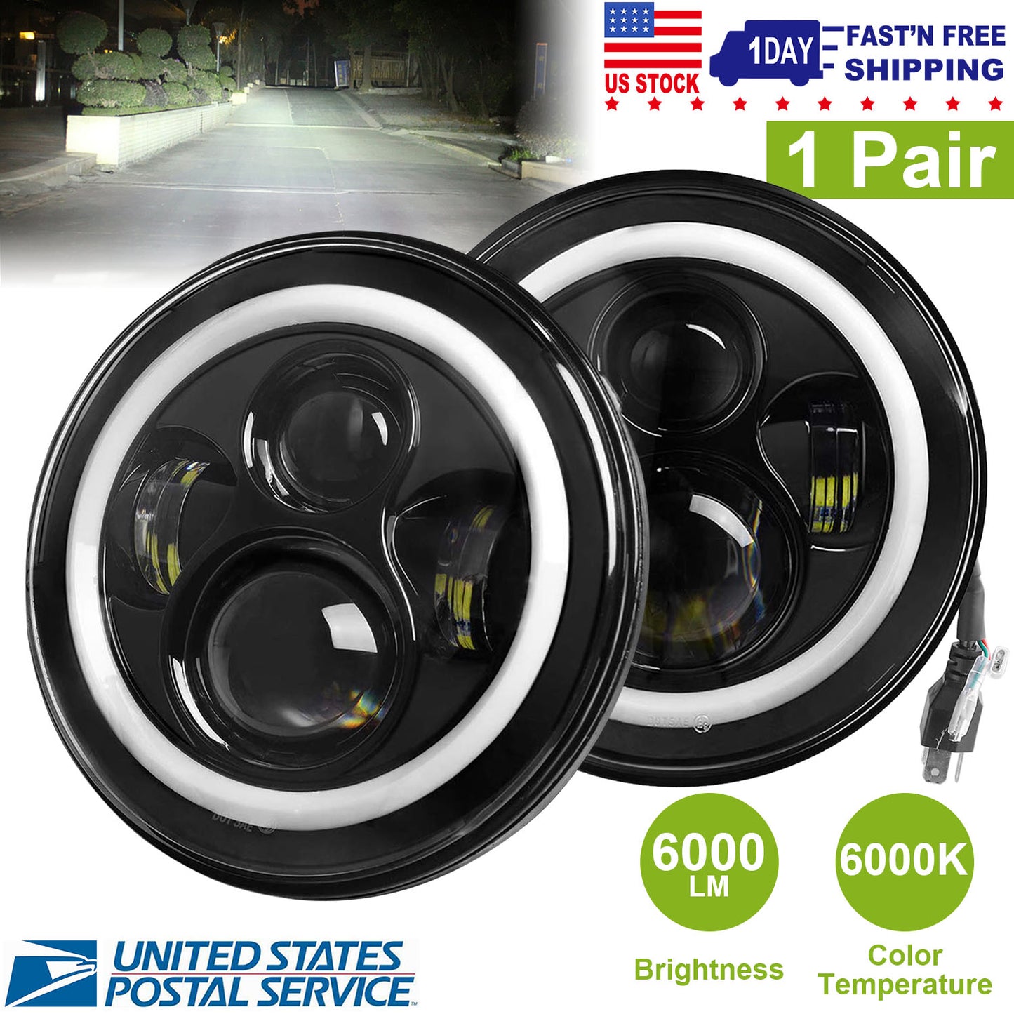 7" Round LED Headlights with Halo Angel Eyes for Jeep Wrangler