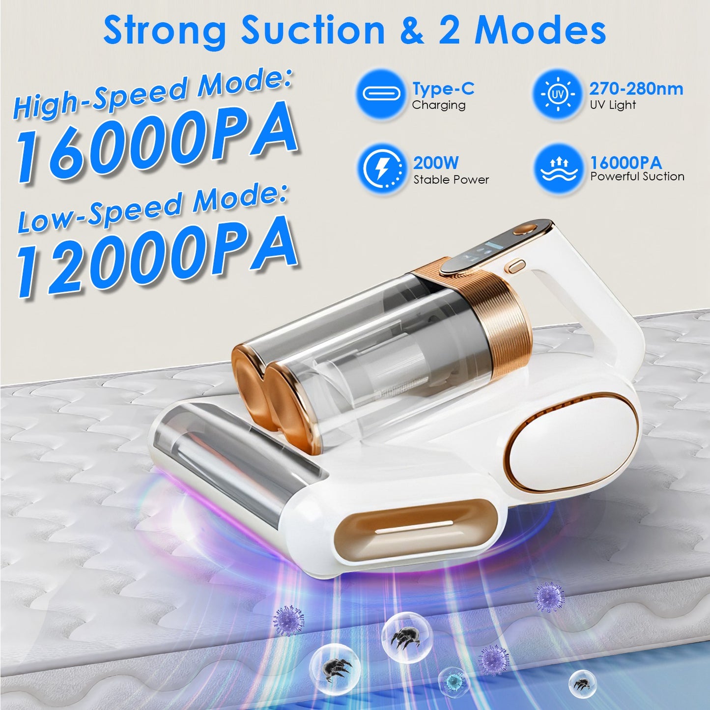 Mattress Vacuum Cleaner with UV Light & 16KPA Suction