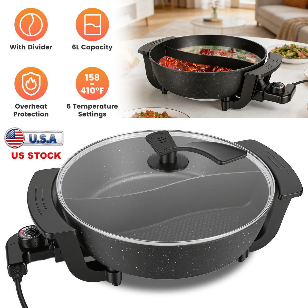 6L Electric Hot Pot with Divider 1100W Dual-Flavor Pot Shabu Shabu Pot Non-Stick with 5-Temp Control for Shabu Shabu Fondue Perfect for Family Gatheri