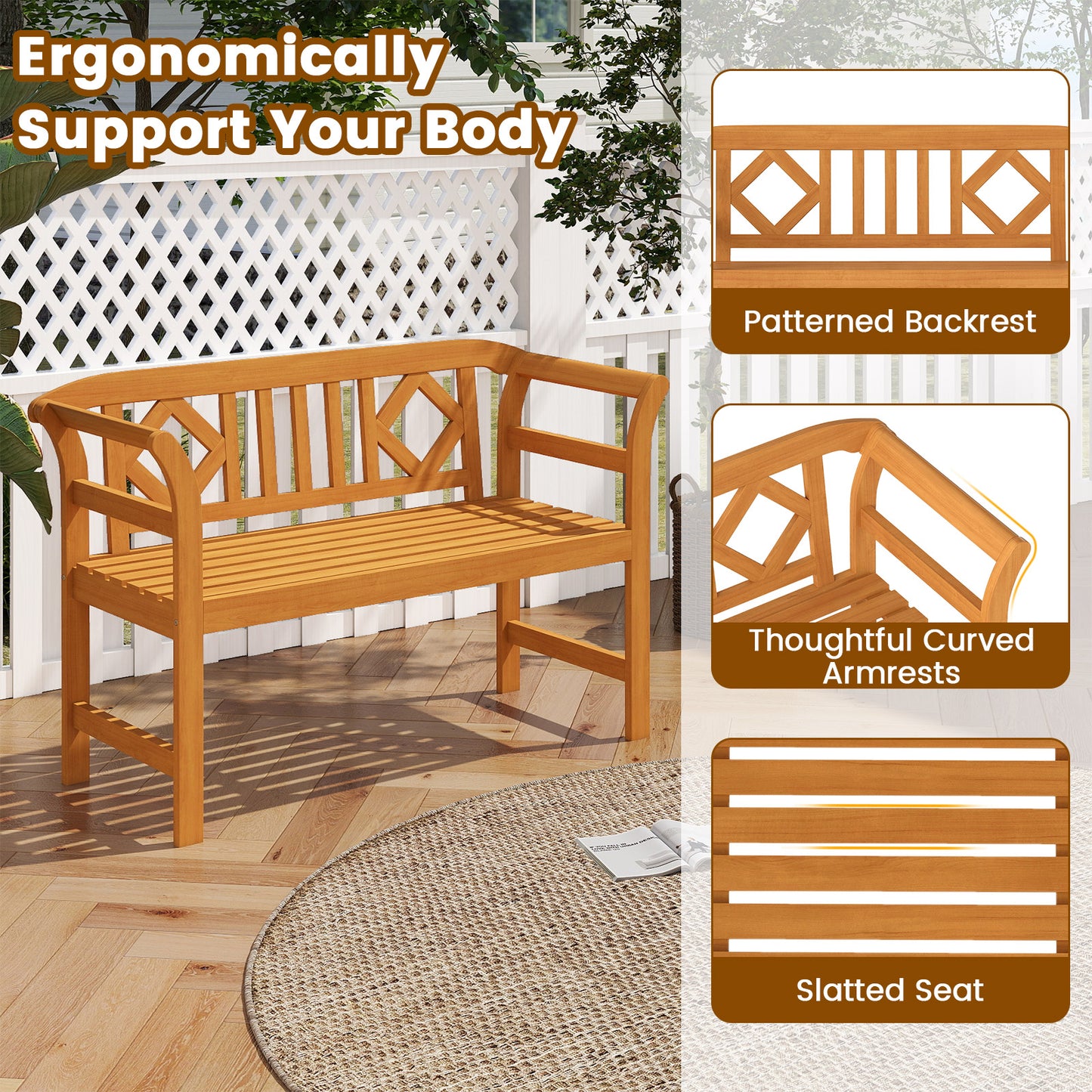 Acacia Wood 2-Person Patio Loveseat with Backrest & Armrests