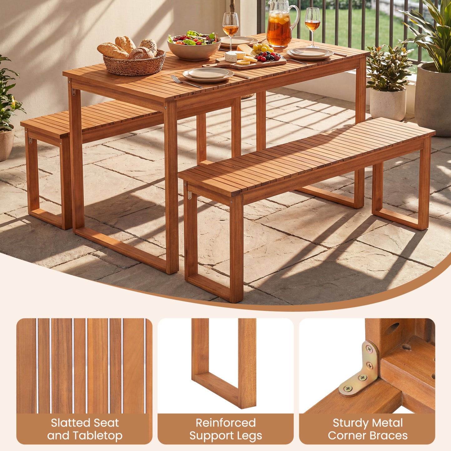 Acacia Wood Outdoor Garden Bench - 43.5" Slatted Seat
