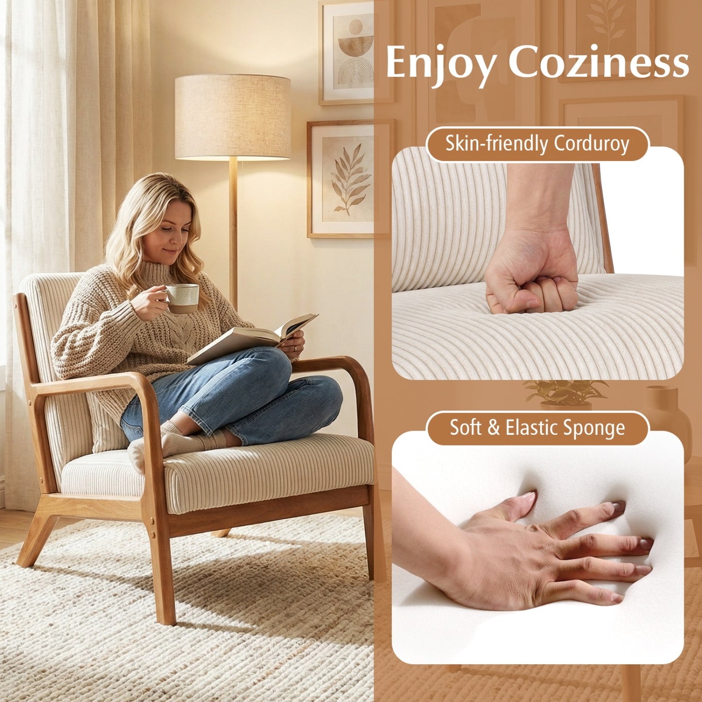Corduroy Accent Chair with Lumbar Pillow - 350 lb Capacity