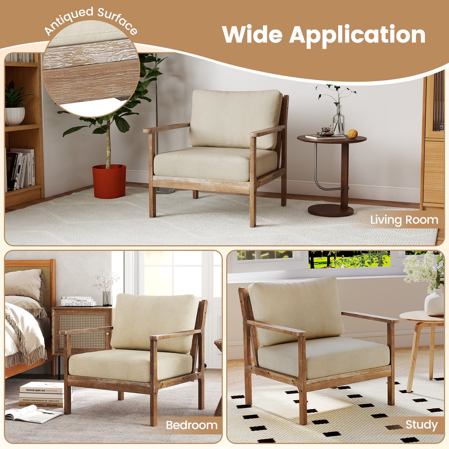 Accent Chair with Solid Wood Armrests and Linen Upholstery