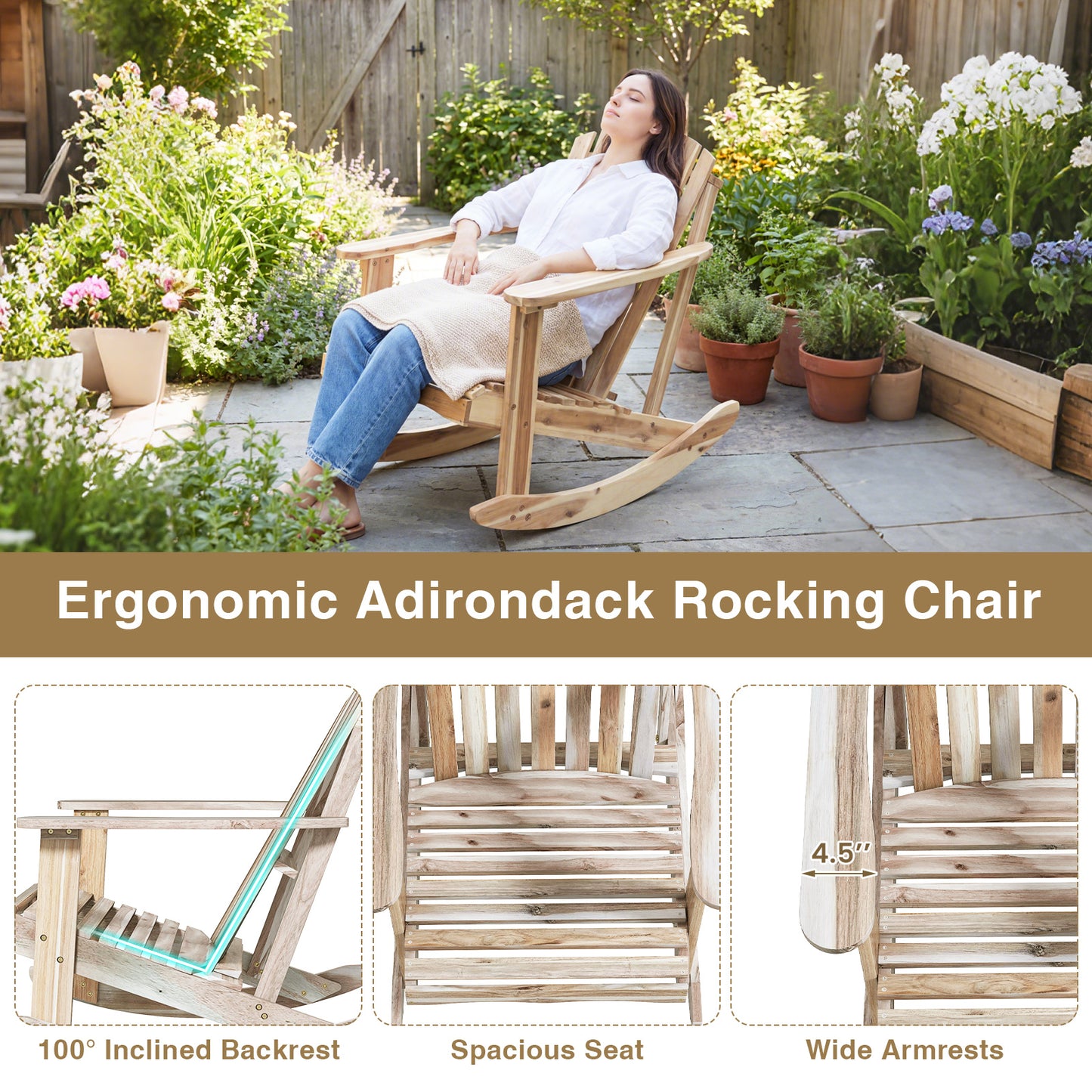 Acacia Wood Adirondack Rocking Chair with High Fanned Back