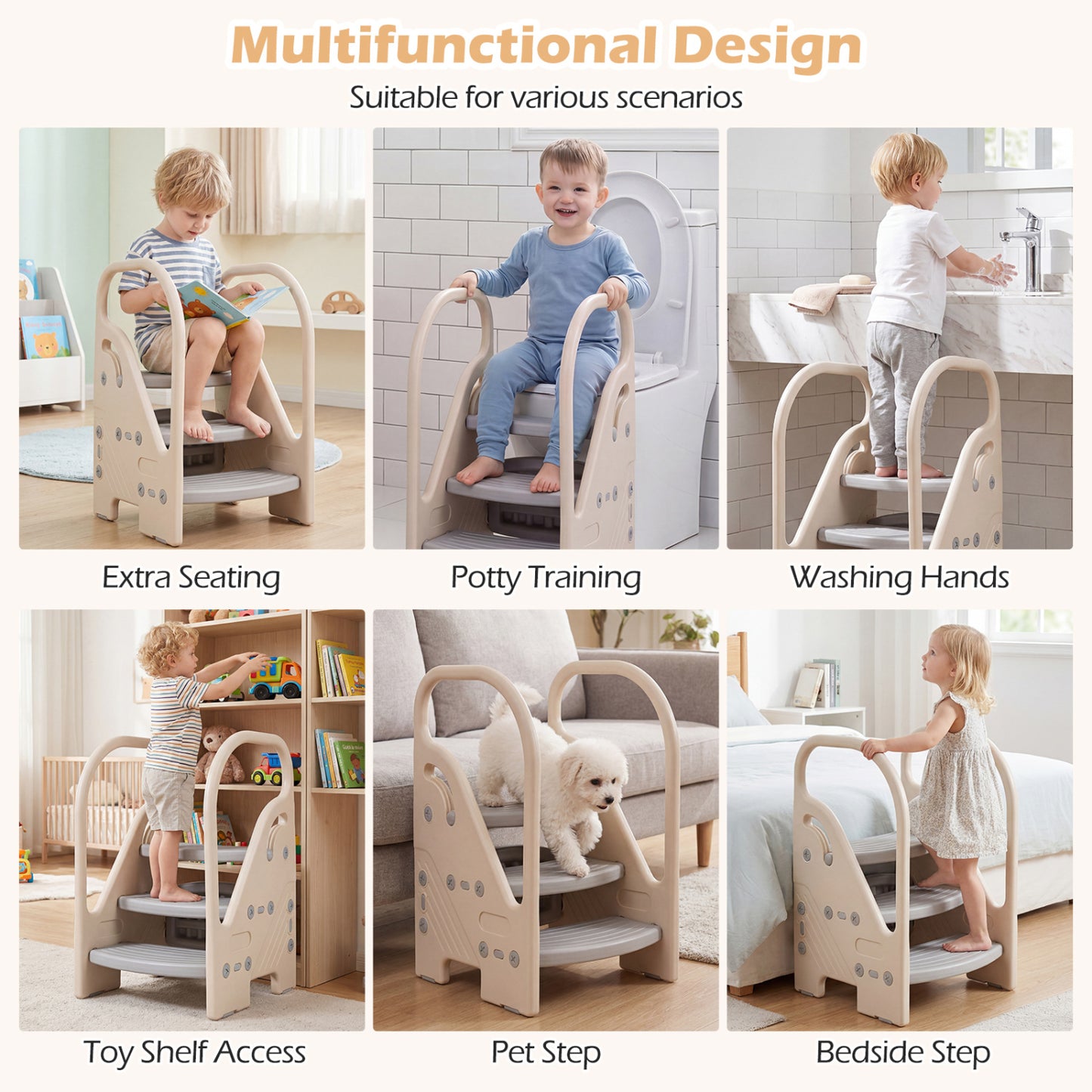 Adjustable 3-Step Helper Stool with Safety Handles for Kids