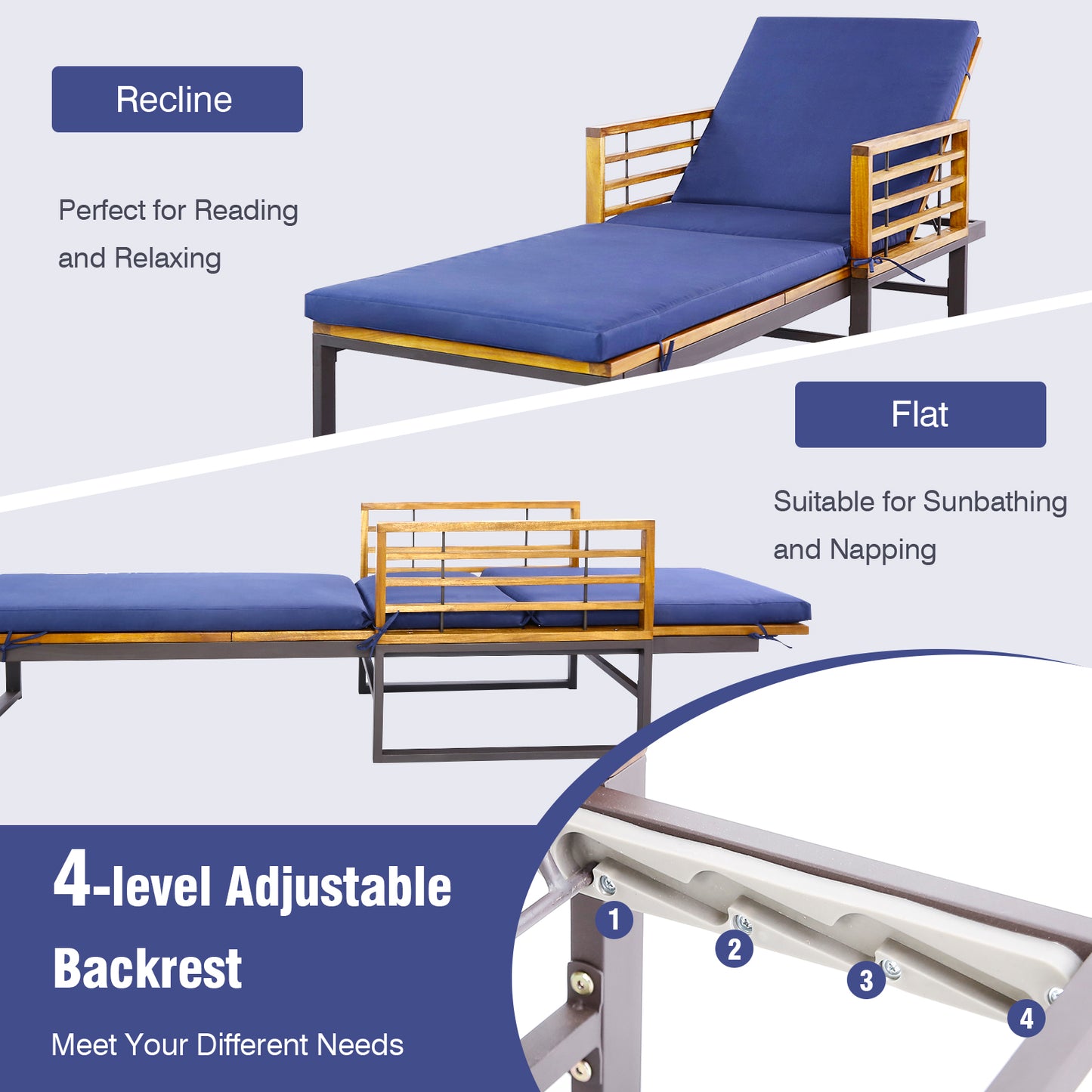 Adjustable Patio Chaise Lounge Chair with Cushion