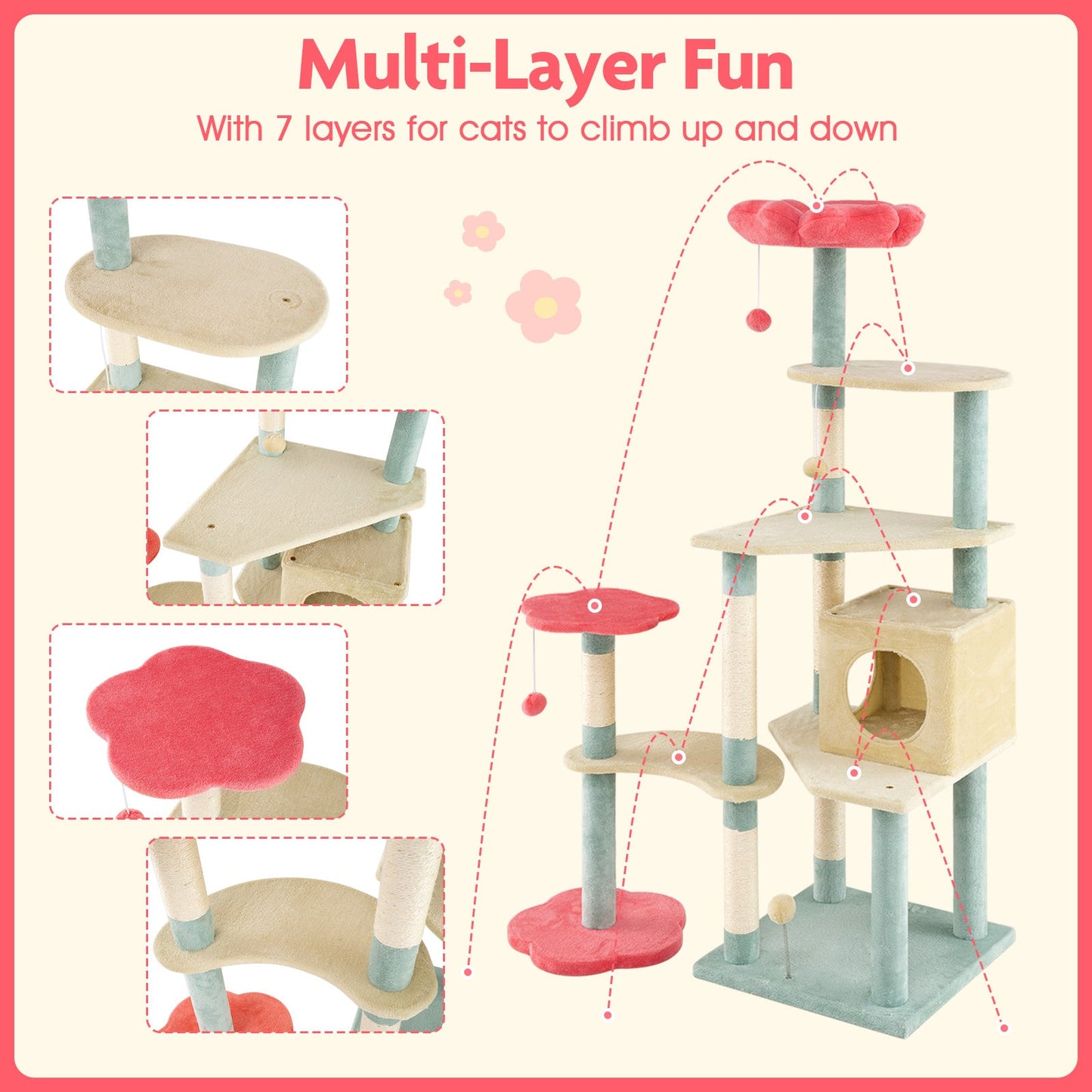 61 Inch Multi-Level Aesthetic Floral Kitten Tower with Flower-Shaped Padded Perch-Multicolor