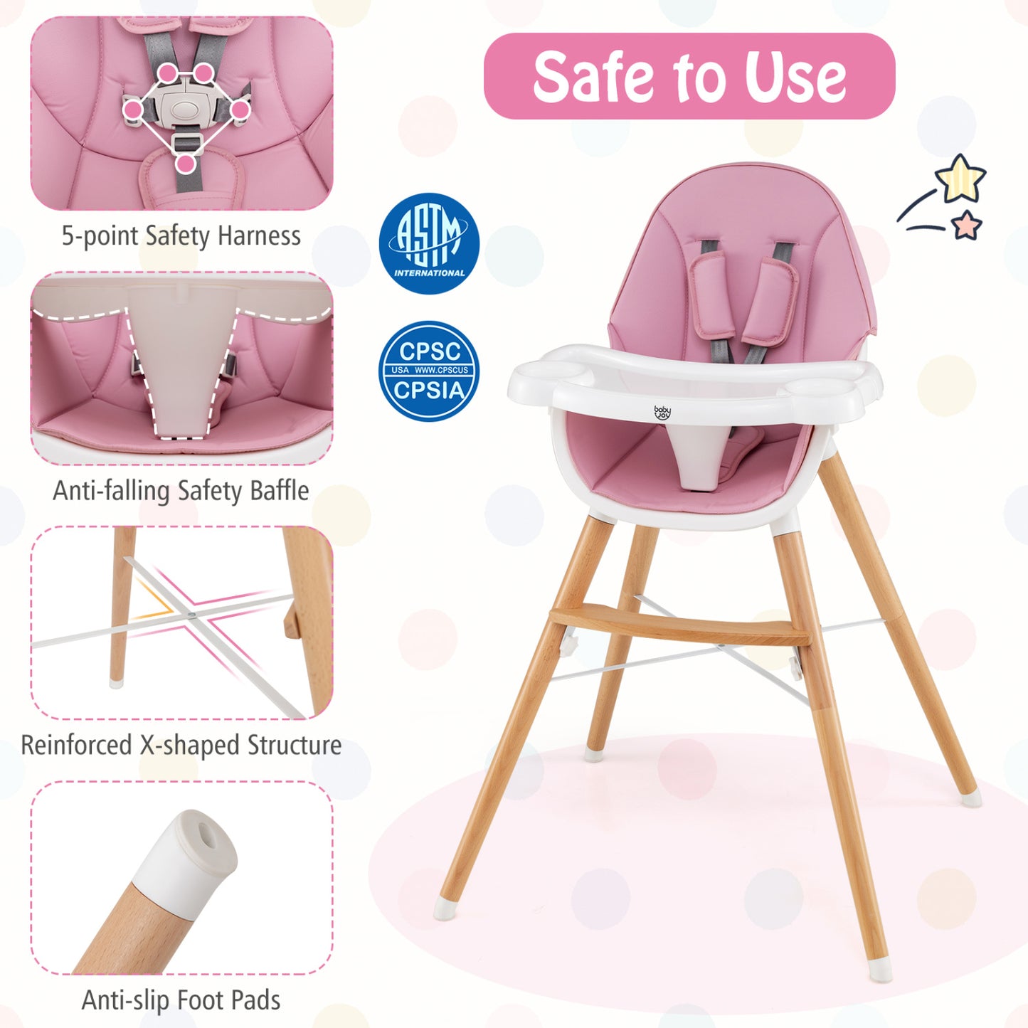 High Chair with Dishwasher Safe Tray and Beech Wood Legs