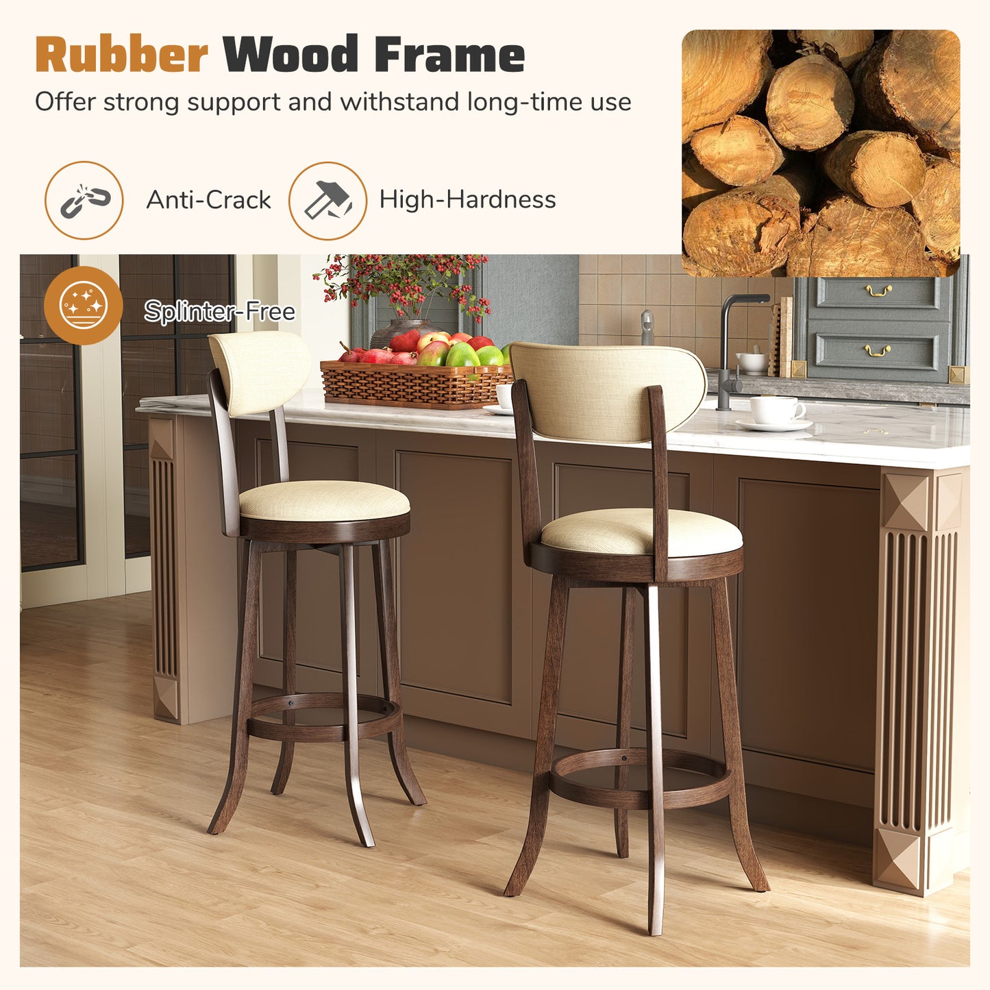 Swivel Bar Stools Set of 2 with Padded Seat - 30.5" Height