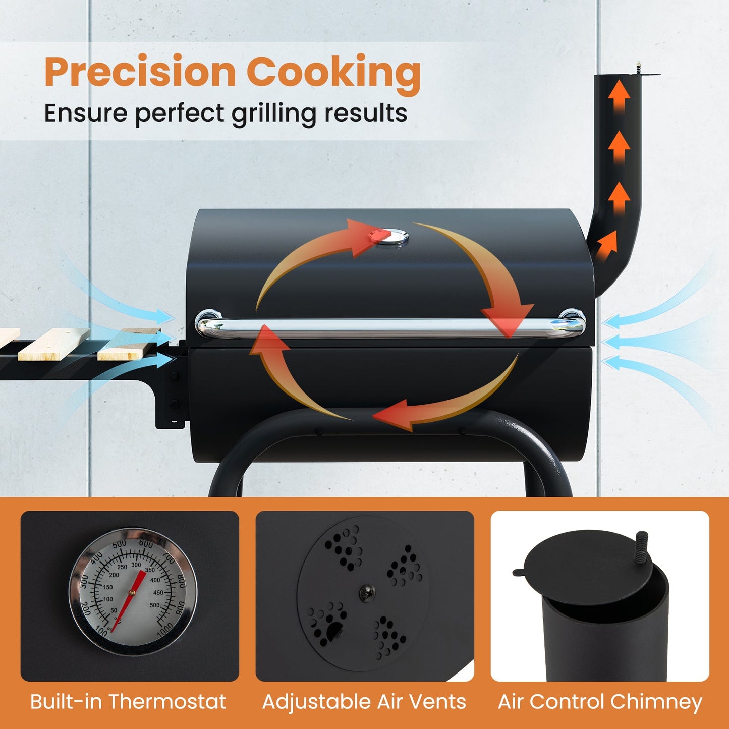 Barrel Charcoal Grill with Foldable Side Table and Thermostat-Black