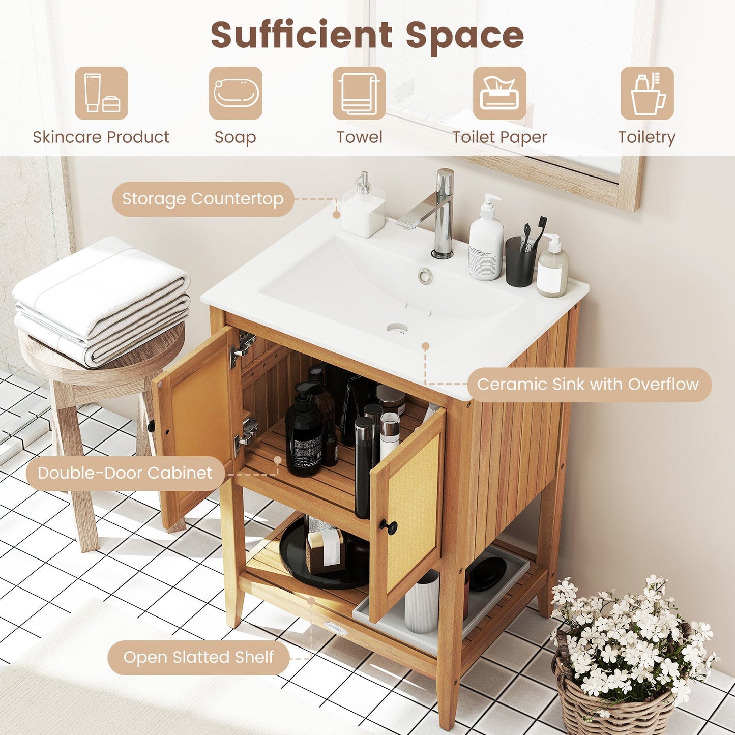 Bathroom Vanity with Ceramic Sink 2 Rattan Doors and Slatted Shelf
