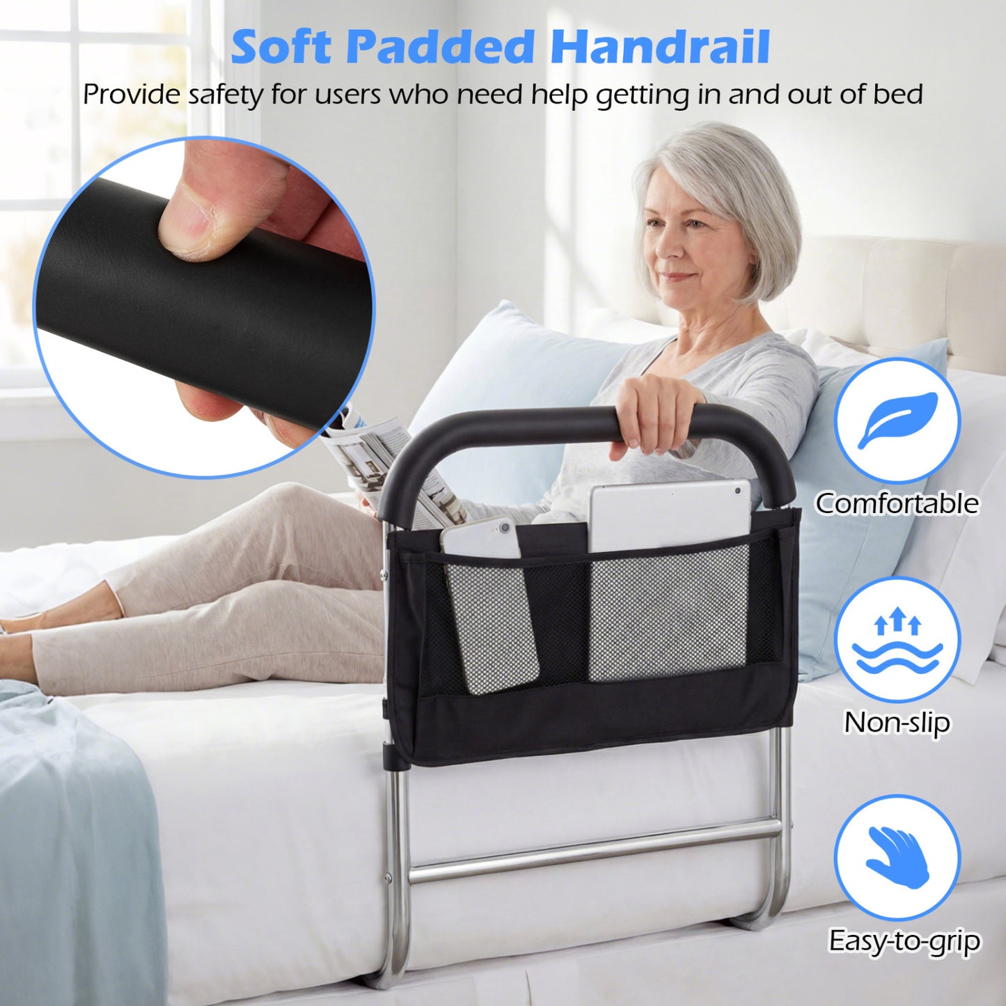 Adjustable Bed Rail for Elderly Adults with Safety Strap