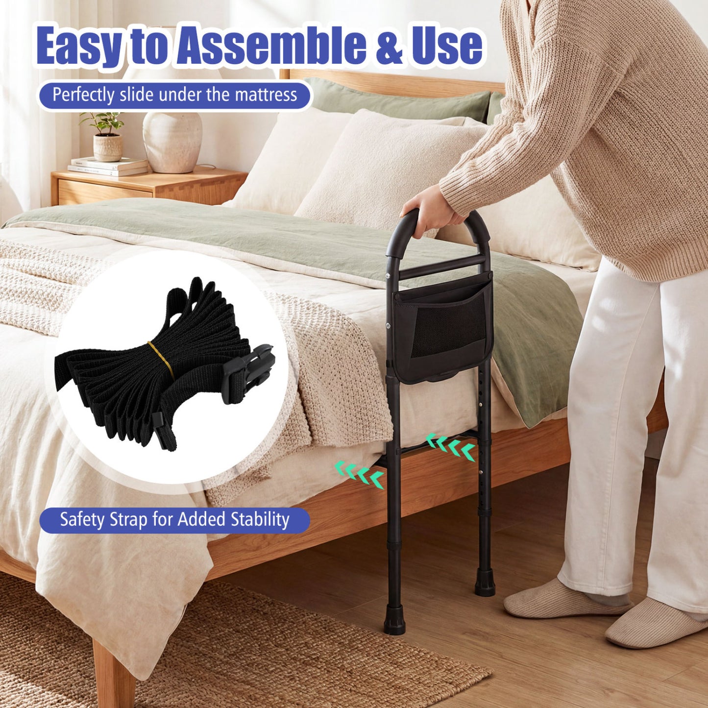 Adjustable Bed Rails for Elderly Adults with Safety Strap
