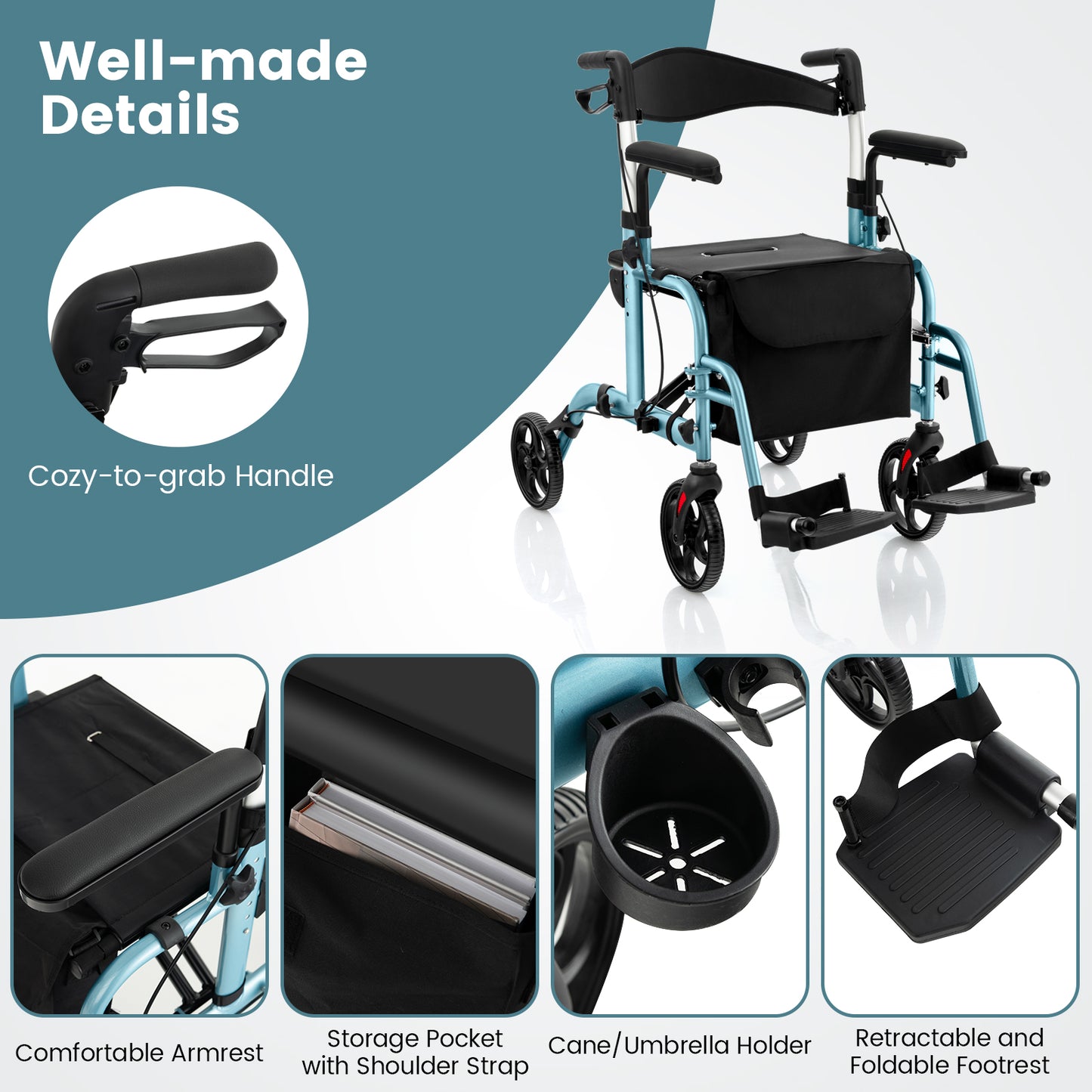 Folding Rollator Walker with Seat and Wheels Supports up to 300 lbs-Navy