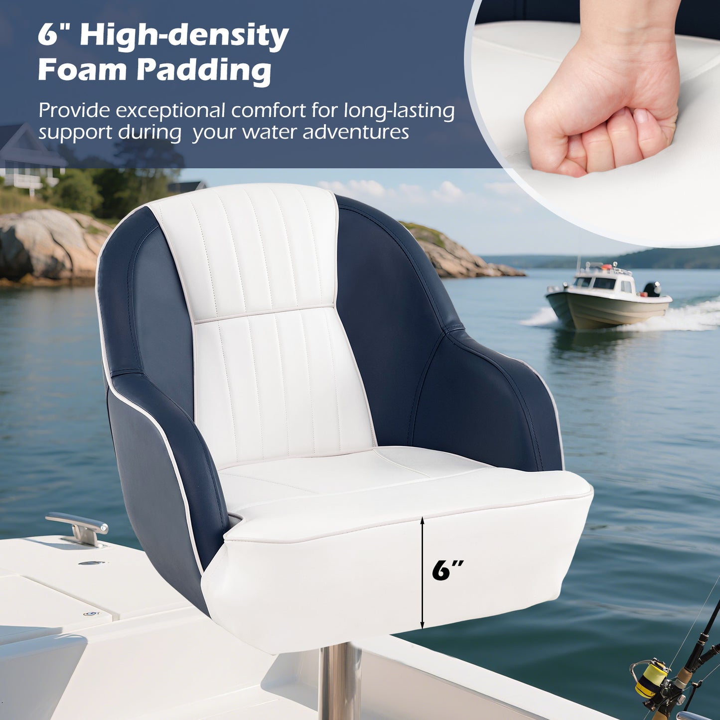 Pontoon Boat Captain Seat with Armrests - Blue & White