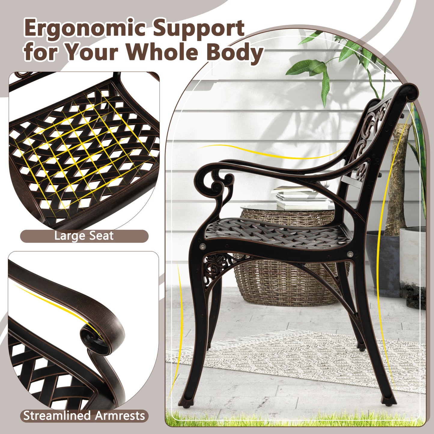 Cast Aluminum Patio Dining Chairs Set of 2 with Armrests