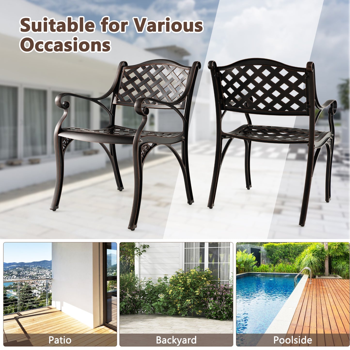 Cast Aluminum Patio Dining Chairs Set of 2 with Armrests
