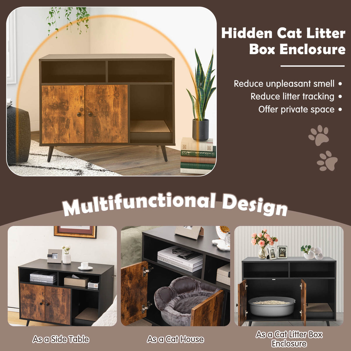 Cat Litter Box Enclosure with Storage Compartments and Pet Scratcher