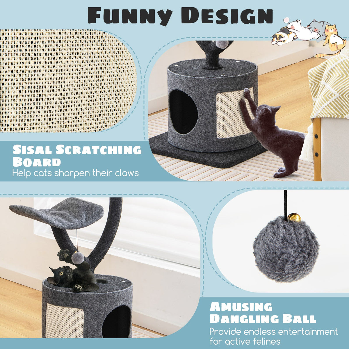 Cat Tree for Indoor Cats with Curved Metal Supporting Frame for Large & Small Cats-Gray