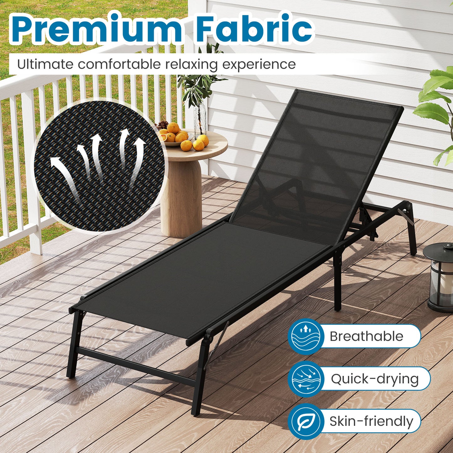 Foldable Chaise Lounge Chairs Set of 2 - Adjustable Backrest