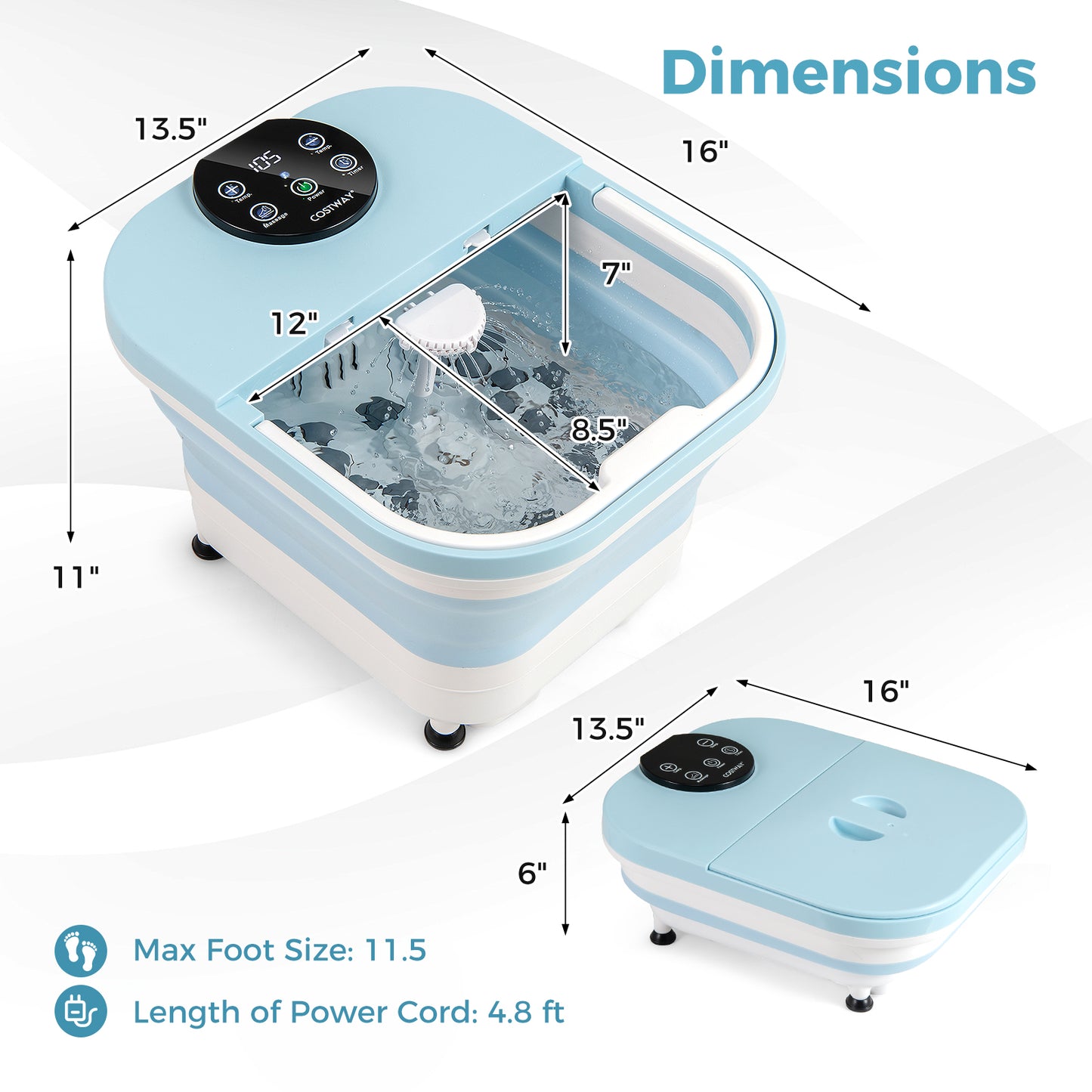 Collapsible Foot Spa Massager Foot Bath Tub with Heat Shower and Timer-Blue