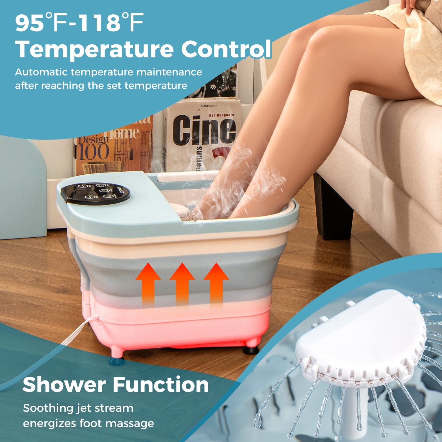 Collapsible Foot Spa Massager Foot Bath Tub with Heat Shower and Timer-Blue