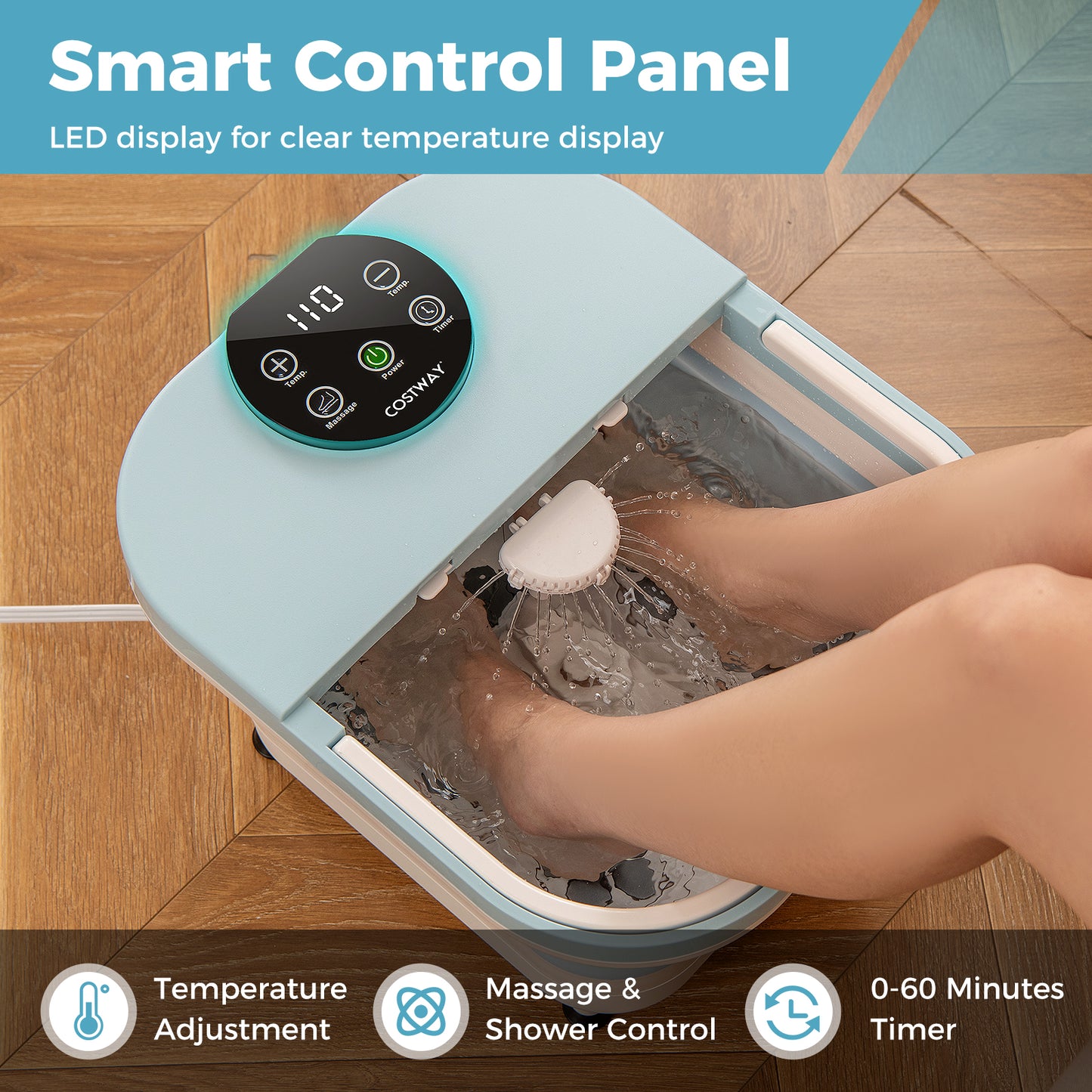 Collapsible Foot Spa Massager Foot Bath Tub with Heat Shower and Timer-Blue