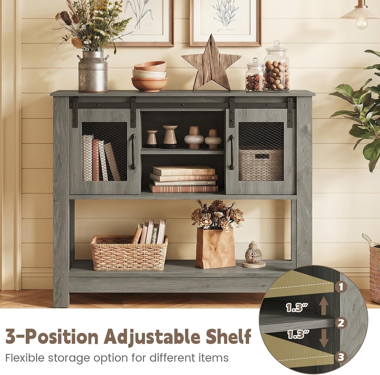 Console Table with Sliding Barn Doors and Storage - Gray
