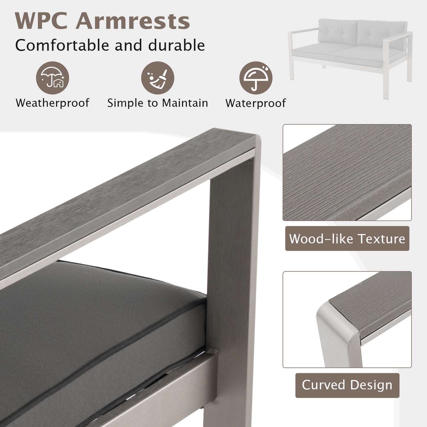 2-Person Outdoor Sofa with WPC Armrests and Cushions