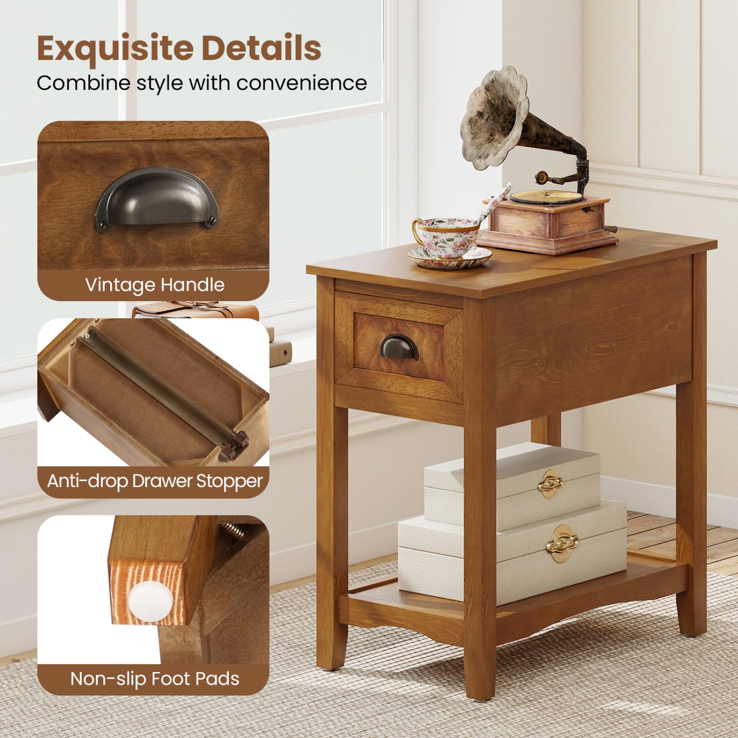 Chair Side End Table with Drawer and Shelf